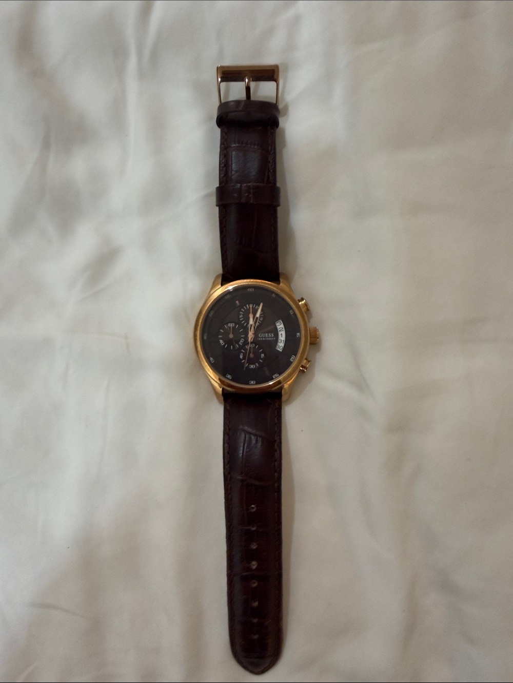 Guess Men’s Black Dial Watch with Gold Case and Brown Leather Strap